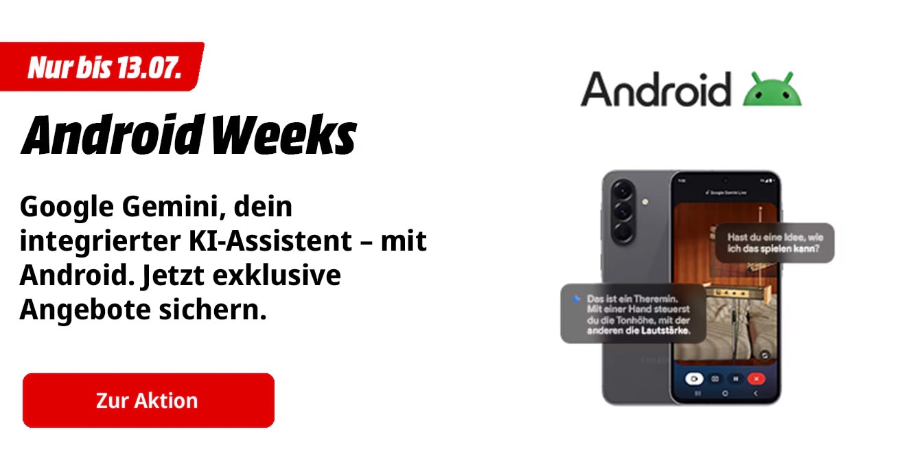 Smartphone mit Android und Google Gemini KI-Assistent, daneben Text zu Android Weeks und Aktionszeitraum bis 13. Juli.