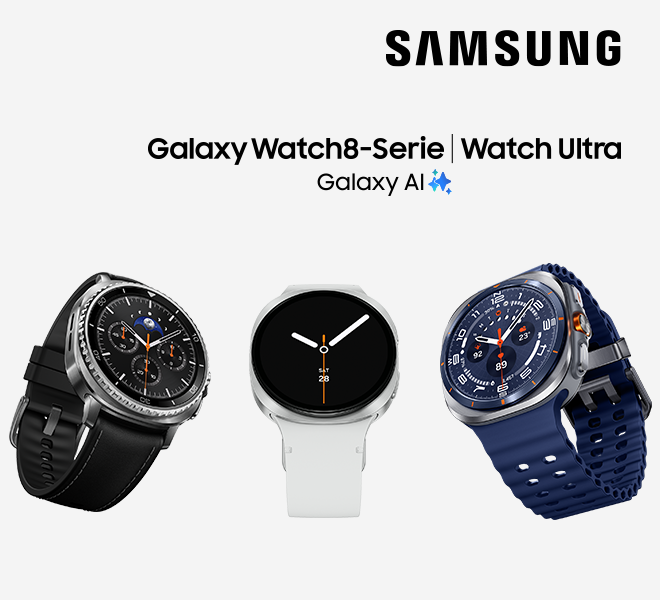 Eine Grafik von Samsung zur neuen Galaxy Watch8-Serie und der Watch Ultra. Gezeigt werden vier verschiedene Smartwatches und ein Hinweis auf eine Prämie von bis zu 150 Euro. Der Slogan Galaxy AI ist ebenfalls zu sehen.