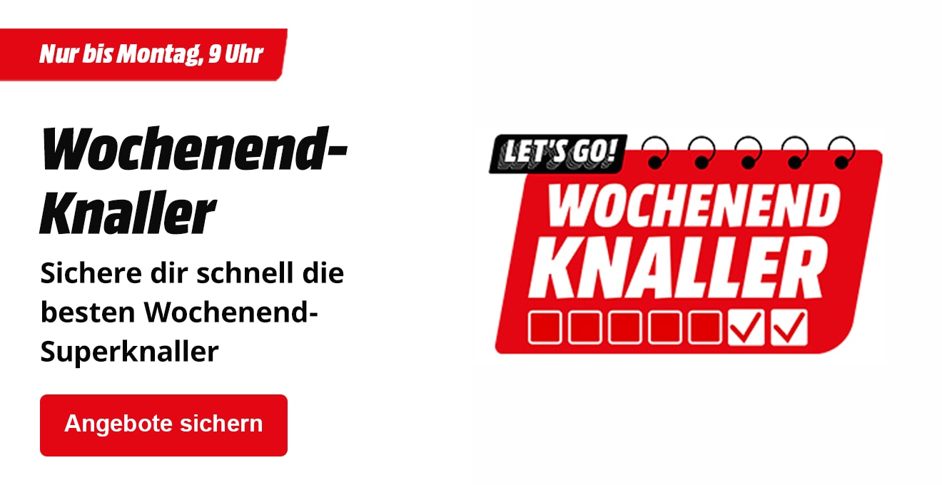 Werbegrafik mit der Aufschrift „Wochenend-Knaller – Sichere dir schnell die besten Wochenend-Superknaller“. Ein roter Button mit der Aufschrift „Angebote sichern“ und ein Kalender-Icon mit dem Text „Let’s go! Wochenend Knaller.